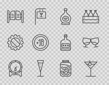 Ahşap fıçıyı rafa koyun. Martini şişesi konyak şişesi ya da brendi kadehi şampanya salonu kapısı Alkol 18 artı salatalık kavanozu ve ikon turşusu. Vektör.