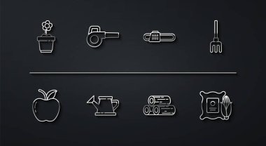 Flower in pot Apple Garden tırmık odunları su konservesi üfleyici mısır çuvalı ve elektrikli testere ikonu. Vektör.