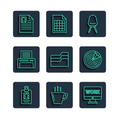 Satır Tanımlama Rozeti Kahve fincanı Monitörünü metin işi ofis koltuğu döküman yazıcı özgeçmişi ve hedef spor simgesi ile ayarla. Vektör.