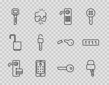 Mobil ve grafik parola anahtarlarını açmak için dijital kapı kilidi maymuncuklarını ve Parola koruma simgesini ayarlayın. Vektör.