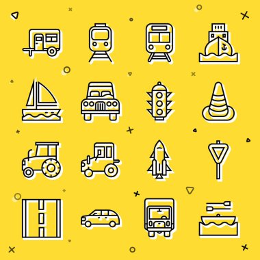 Trafik konisi konisi treni ve tren yolu yat karavanı ve aydınlık ikonlu kürek levhası olan bir tekne ayarlayın. Vektör.