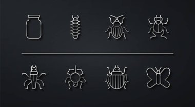 Cam kavanoz Termit Böceği Colorado Böceği Örümcek Kırkayak Kelebeği ve Çıyan simgesini ayarla. Vektör.