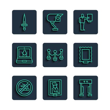 Sigara İçilmeyen Portre Müzesi Metal Detektör Müzesi rehberi Hançer ve Resim simgesi. Vektör.