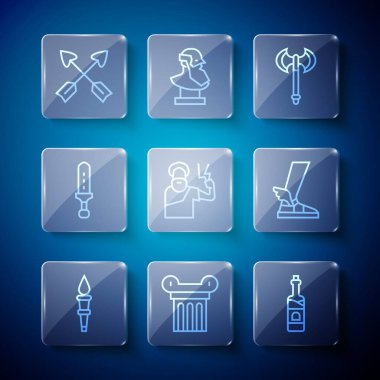 Meşale Hattı Alevi Kadim şarap şişesi Ortaçağ baltası Zeus kılıç çapraz oklar ve Hermes sandalet ikonu. Vektör.