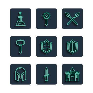 Ortaçağ demir miğferi, Hançer Kalesi ortaçağ mızrakları, taş ve ikona kalkan çekiç kılıcı yerleştirildi. Vektör.