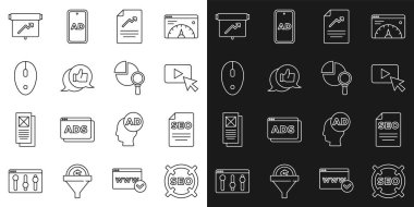 Satır SEO optimizasyon Reklam Belgesi Grafik tablosu Müşteri Ürün Sınıflandırma Bilgisayar Fare Panosu ve Büyüteç cam ve analiz simgesi ile ayarlayın. Vektör.