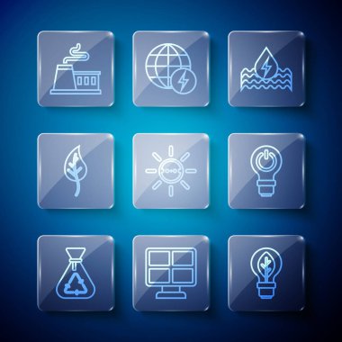 Çöp torbasını güneş enerjisi geri dönüşüm paneliyle doldurun. Ampul yaprağı, yaprak, yaprak, fabrika ve yıldırım ikonu. Vektör.