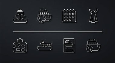 Seyahat gemisi Havlu 'yu Hanger Beach rıhtımına ve Takvim ikonuna ayarla. Vektör.