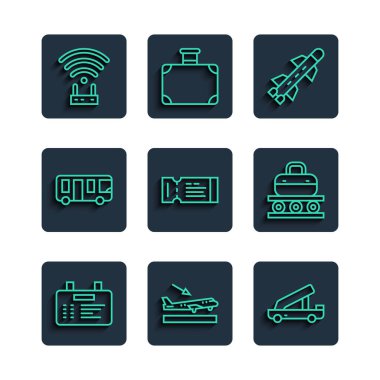 Yolcu merdiveni Rocket Airline 'ın bilet otobüs güzergahı Wi-fi sinyali ve bavul ikonlu konveyör kayışını ayarla. Vektör.