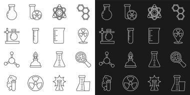 Çizgi Test tüpü ve matara mikroorganizmalarını Atom standı ve Laboratuvar cam deney şişesi ikonu konumuna radyoaktif olarak yerleştirin. Vektör.