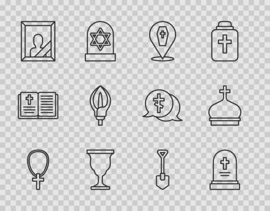 Hristiyan haçı, mezar taşı mezar taşı, tabut ve yas çerçeveli fotoğraf çerçevesi Lily çiçek küreği ve kilise kulesi ikonu ile zincirlendi. Vektör.