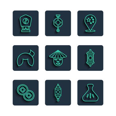 Çin Yuan para birimi el feneri Çin bayrağı taşıyan şans kurabiyesi ve ikonu. Vektör.