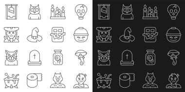 Zombi maskeli, Psilocybin mantarlı, balkabağı sepetli şeker yanan mum, cadı şapkalı giyotin ve çikolata ikonu. Vektör.