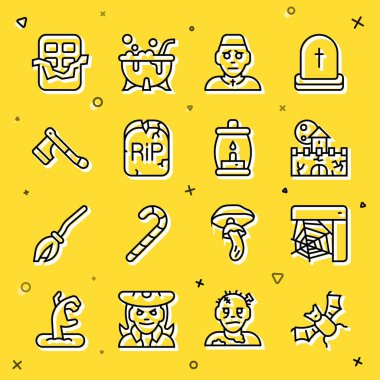 Uçan Yarasa Örümcek Ağı Kalesi Rahip Tombstone ve RIP yazılı Tahta Balta Çikolata ve Kamp Feneri ikonu. Vektör.