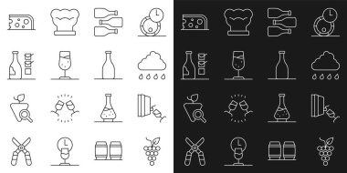 Şarap tadım bulutu, yağmur şişeleri, şarap şişeleri, peynir ve ikon. Vektör.