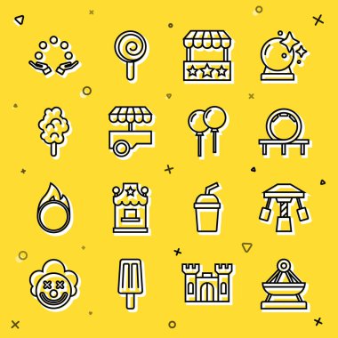 Hat çizgisi salıncak atlıkarıncalı lunapark treni bilet gişesi fast street food seti pamuk şeker hokkabazlığı top ve kurdele ikonlu balonlar. Vektör.