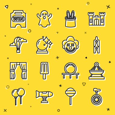 Tek tekerlekli bisiklet ya da tek tekerlekli bisiklet sallanan sirk bileti Sihirbaz şapkası ve tavşan kulaklı top sıcak hava balonu ve palyaço kafası ikonu. Vektör.