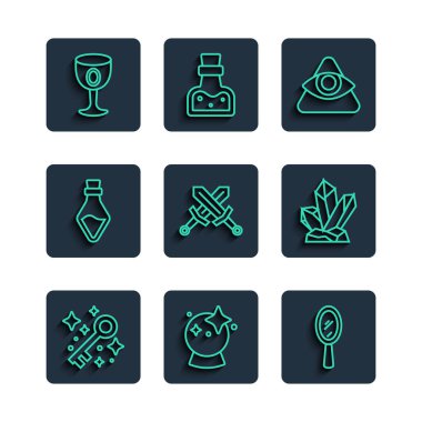 Eski sihirli anahtar top el aynası Tanrı 'nın her şeyi gören gözü Ortaçağ kılıç şişesi iksir ve taş ikon ile çapraz. Vektör.