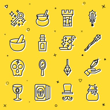 Cadı Kazanı Sihirli Taş Kale Kulesi Şişe Eski sihirli anahtar ve parşömen ikonu ile çizgi ayarlayın. Vektör.