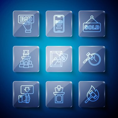 Set Line Hand açık arttırma raketi, mücevher satışı çekici antik vazo teklifi ve ikonu boyayarak satıldı. Vektör.