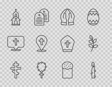 Hristiyan haçı, mum yakma, dua etme, tespih, kilise, paskalya pastası ve söğüt yaprağı ikonu. Vektör.