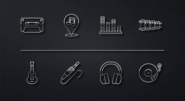 Retro ses kaseti teybi, Guitar Xylophone Kulaklıklar, Audio Jack müzik notası, Vinil çalar ve Müzik eşitleyici simgesi ayarla. Vektör.