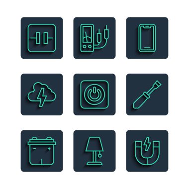 Araba aküsü lambası Magnet Mobil telefon güç düğmesi bulut ve şimşek elektrolitik kapasitör ve tornavida simgesini ayarla. Vektör.