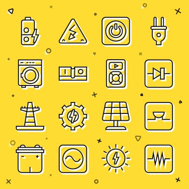 Hat direncini elektronik devre Buzzer Diyot Güç düğmesine ayarla. Elektrik düğmesi, akü akımı ve müzik çalar ikonu. Vektör.