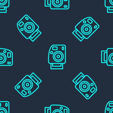 Yeşil çizgi fotoğraf makinesi ikonu mavi arkaplanda kusursuz desen izole etti. Foto kamera. Dijital fotoğrafçılık. Vektör.