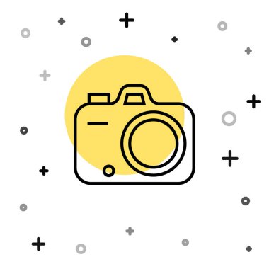 Siyah çizgi fotoğraf makinesi simgesi beyaz arkaplanda izole edildi. Foto kamera. Dijital fotoğrafçılık. Rastgele dinamik şekiller. Vektör.