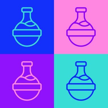 Renk arkaplanında iksir ikonu olan pop sanat çizgisi. Sihirli iksirli matara. Mutlu Cadılar Bayramı Partisi. Vektör.