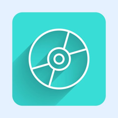 Beyaz çizgi Vinil disk simgesi uzun gölge arkaplanı ile izole edildi. Yeşil kare düğmesi. Vektör.