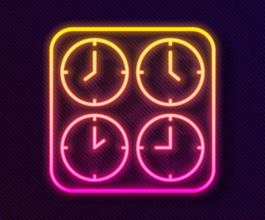 Parlayan neon çizgisi zaman dilimi simgesi siyah arkaplanda izole edildi. Vektör.