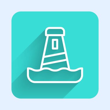 Beyaz çizgi deniz feneri ikonu uzun gölge arkaplan izole. Yeşil kare düğmesi. Vektör.