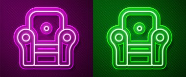 Parlayan neon çizgisi Armchair simgesi mor ve yeşil arkaplanda izole edildi. Vektör.