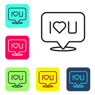 Beyaz arka planda izole edilmiş seni seviyorum yazılı siyah satır konuşma balonu. Sevgililer Günü. Renkli kare düğmelerle simgeleri ayarla. Vektör.