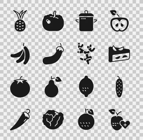设置健康的水果 自制派 煮茄子 菠萝和姜根图标 — 图库矢量图片