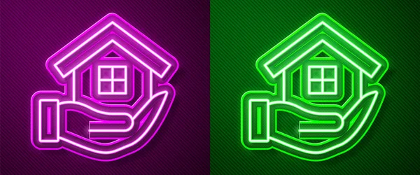 Brilhante Neon Line Casa Mão Ícone Isolado Fundo Roxo Verde —  Vetores de Stock