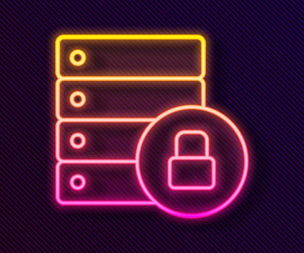 Gloeiende Neon Lijn Server Beveiliging Met Gesloten Hangslot Pictogram Geïsoleerd — Stockvector