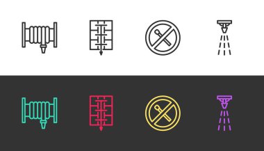 Yangın hortumu makarası, tahliye planı, yangın söndürme ve yangın söndürme sistemi yok. Vektör.