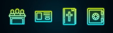 Jüri üyelerini, kimlik kartlarını, kutsal kitap ve kasayı ayarlayın. Parlayan neon ikonu. Vektör.