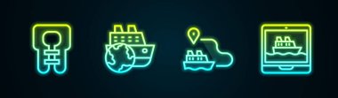 Can yeleği, yolcu gemisi, gemi yolu ve... Parlayan neon ikonu. Vektör.