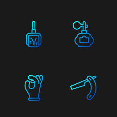 Düz çizgi, tıbbi lastik eldivenler, faraş ve tıraş losyonu. Renk simgeleri. Vektör.