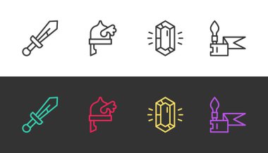 Ortaçağ kılıcı Viking boynuzlu miğfer taşlı ve mızraklı siyah beyaz. Vektör.