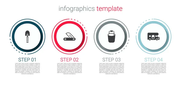 Set Schep Zwitsers Zakmes Emmer Camper Bedrijfsinfographic Sjabloon Vector — Stockvector