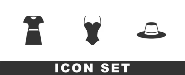 Set Woman Dress Swimsuit Man Hat Icon Vector — Stock Vector