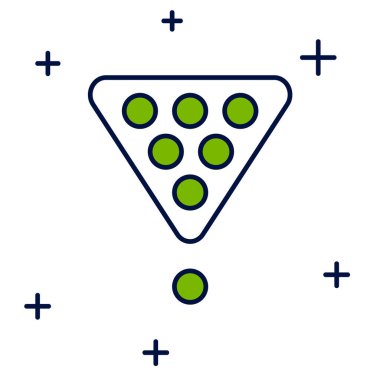 Beyaz arkaplanda izole edilmiş bir raf üçgeni simgesinde ana hatlarıyla doldurulmuş bilardo topları. Vektör.