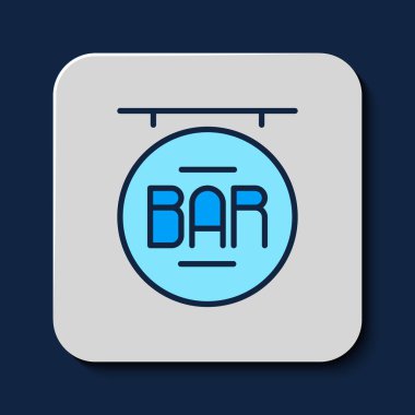 Mavi arka planda izole edilmiş ana hatlı sokak tabelasında yazı çubuğu simgesi var. Reklamlar için uygun bar, kafe, restoran. Vektör.