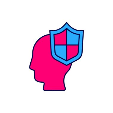 İnsan kafasını beyaz arka planda izole edilmiş kalkan simgesiyle doldurdum. Vektör.