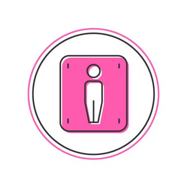 Beyaz arka planda izole edilmiş ana hatlı erkek tuvalet simgesi. Tuvalet tabelası. Lavaboda. Vektör.